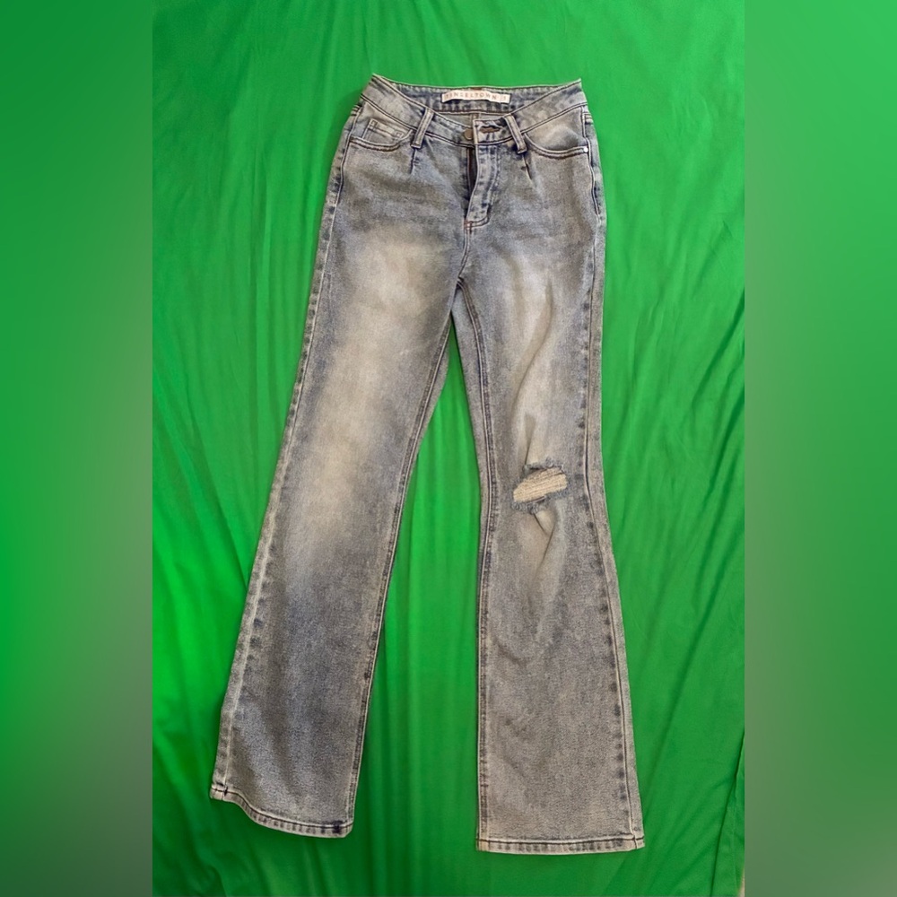 Tinseltown Gray Distressed Flare Jeans